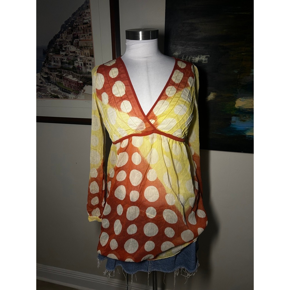 Tramp Orange Yellow Polka Dot 100% Silk Empire Waist V-Neck Tunic Top